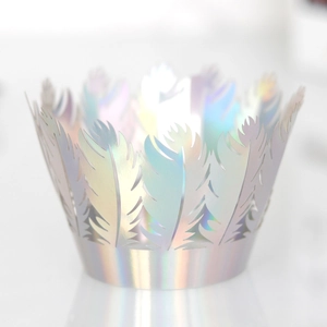 Detailed laser-cut feather pattern crown cake wrapper with iridescent silver metallic finish