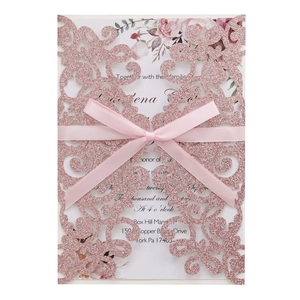 Elegant rose gold glitter laser cut wedding invitation with pink ribbon and insert card