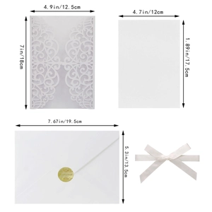 Detailed view of laser-cut invitation set with dimensions and components layout