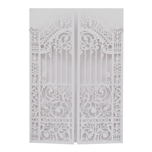 Elegant white laser-cut gate wedding invitation card with intricate baroque patterns