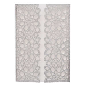 Elegant silver glitter laser-cut floral wedding invitation cover with symmetrical design