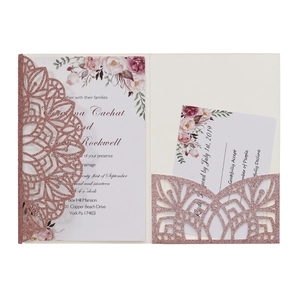 Rose gold glitter laser-cut wedding invitation set with floral cards and RSVP card