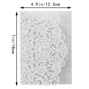 Laser cut white wedding invitation card dimensions 7x4.9 inches with floral heart patterns