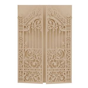 Elegant khaki laser cut wedding invitation card featuring a vintage gate and floral patterns