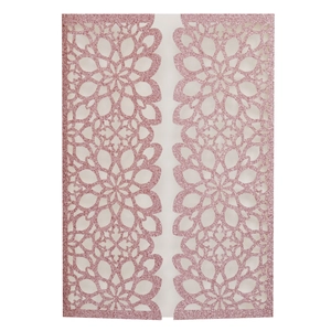 Detailed laser-cut hollow floral pattern on pink glitter wedding invitation cover
