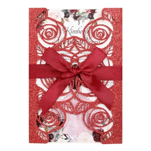 Elegant red glitter laser-cut rose invitation card with a satin ribbon and floral insert