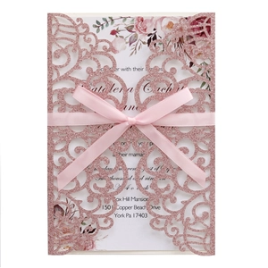Laser Cut Glitter Paper Wedding Invitations With Satin Ribbon European Style Hollow Invitation Cards For Engagement Party Ceremony
