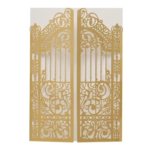 Laser cut gold gate wedding invitation featuring elegant baroque pattern and metal finish