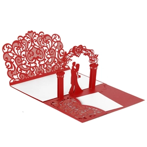 3D laser cut red wedding invitation featuring a romantic couple silhouette and floral lace