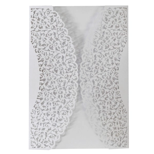 Laser cut white floral lace wedding invitation card with intricate vine hollow-out design