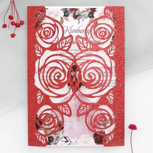 Detailed laser-cut red glitter rose pattern invitation cover with floral inner card