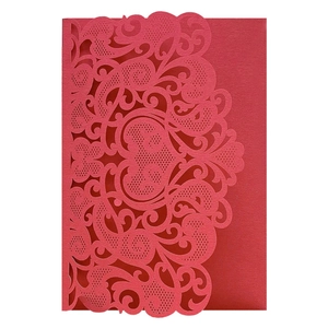 Elegant red laser-cut hollow wedding invitation cover with ornate European heart patterns