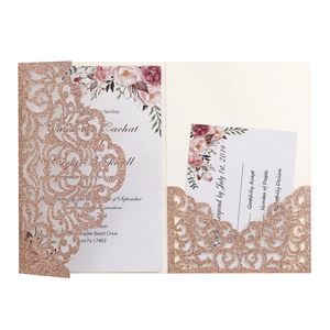 Rose gold laser cut glitter wedding invitation set with floral card and RSVP note