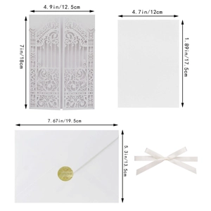 Laser cut wedding invitation kit dimensions showing card size and satin ribbon detail