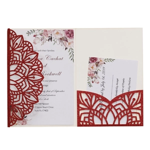 Red glitter laser cut wedding invitation set with floral card and RSVP card