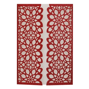 Detailed laser-cut floral pattern on red glitter wedding invitation card cover