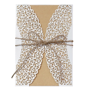 Elegant Laser Cut Wedding Invitation Set White Lace Hollow Invitations With Kraft Paper Inner Page Envelopes Twine Bow Rustic Party Banquet Greeting Cards