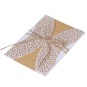 Lace laser cut wedding invitation with kraft paper inner card and jute twine ties