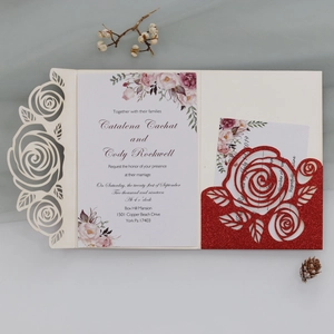 Detailed laser-cut rose hollow pocket and watercolor floral wedding invitation insert