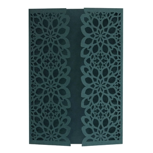Dark green laser cut wedding invitation covers with ornate floral mandala pattern