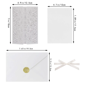 Laser cut butterfly wedding invitation set dimensions with envelope and white ribbon detail