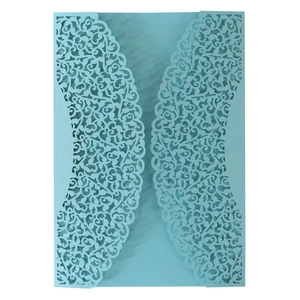 Light blue laser-cut wedding invitation with intricate floral pearl paper design