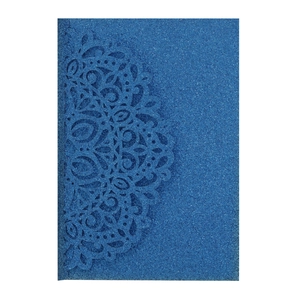 Detailed laser cut hollow pattern on dark blue glitter paper wedding invitation cover