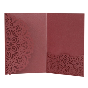 Laser-cut burgundy mandala lace invitation pocket made of pearlescent glitter paper