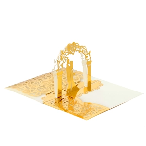 3D pop-up gold wedding invitation featuring laser-cut arch and elegant lace pattern