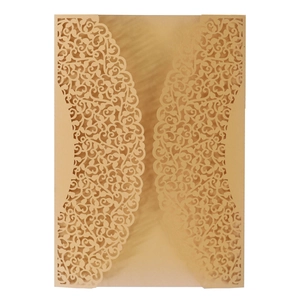 Champagne gold laser-cut wedding invitation with intricate lace floral pearl paper