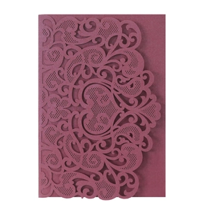 Elegant laser-cut burgundy wedding invitation cover with intricate European hollow patterns