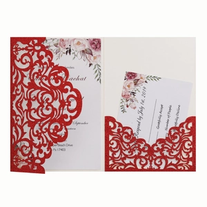 Elegant red glitter laser cut wedding invitation set with floral inner card and RSVP