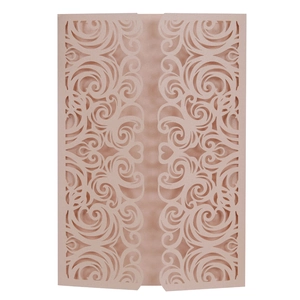 Detailed laser-cut rose pink pearlescent paper wedding invitation with floral patterns