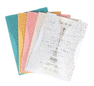 Detailed laser-cut hollow floral wedding invitations shown in five elegant paper colors