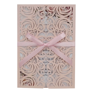 Elegant laser-cut butterfly wedding invitation with pink ribbon and floral pattern
