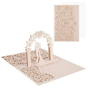 Detailed laser-cut 3D pop-up wedding card with champagne pink romantic couple silhouette