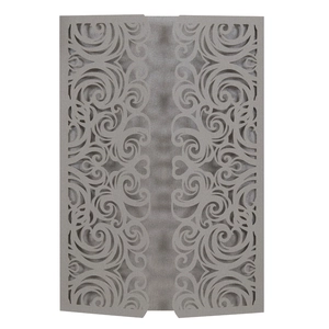 Detailed laser-cut grey card with elegant symmetrical filigree pattern for wedding invitations