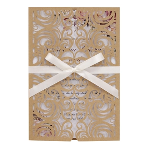 Elegant laser cut wedding invitation with butterfly bow and vintage floral insert card