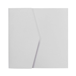 Macro detail of pearlescent white square wedding invitation sleeve with V-flap closure