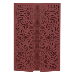Elegant burgundy laser-cut wedding invitation cover with intricate scrollwork and heart motif