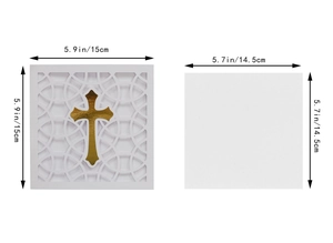 Laser cut white invitation card with gold cross and measurement details for baptism