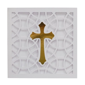 White laser cut baptism invitation card featuring a reflective gold foil cross motif