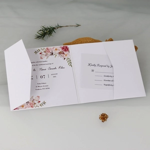Detail of white tri-fold wedding invitation with floral insert and RSVP card set