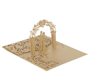 Detailed laser-cut 3D pop-up wedding invitation card with arch and heart design