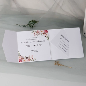 Detail of white tri-fold wedding invitation with pink floral motifs and RSVP card insert