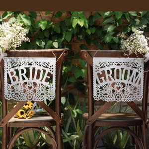 Hollow Laser Cut Artificial Pearl Paper Bride And Groom Chair Banners Romantic Floral Heart Wedding Party Ceremony Decorations