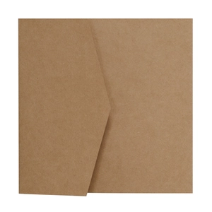 Close-up of square kraft paper envelope with triangle flap and natural wood texture