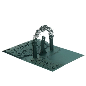 Detailed 3D laser-cut wedding card featuring dark green arches and couple silhouettes