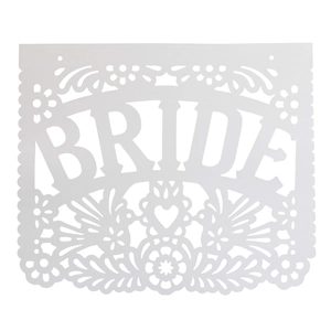 Elegant white laser-cut Bride wedding banner with Mexican Papel Picado floral patterns