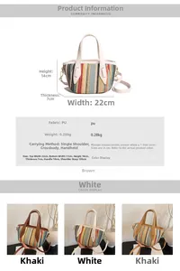 Vue détaillée du mini sac cabas tissé à rayures avec poignée en PU et dimensions